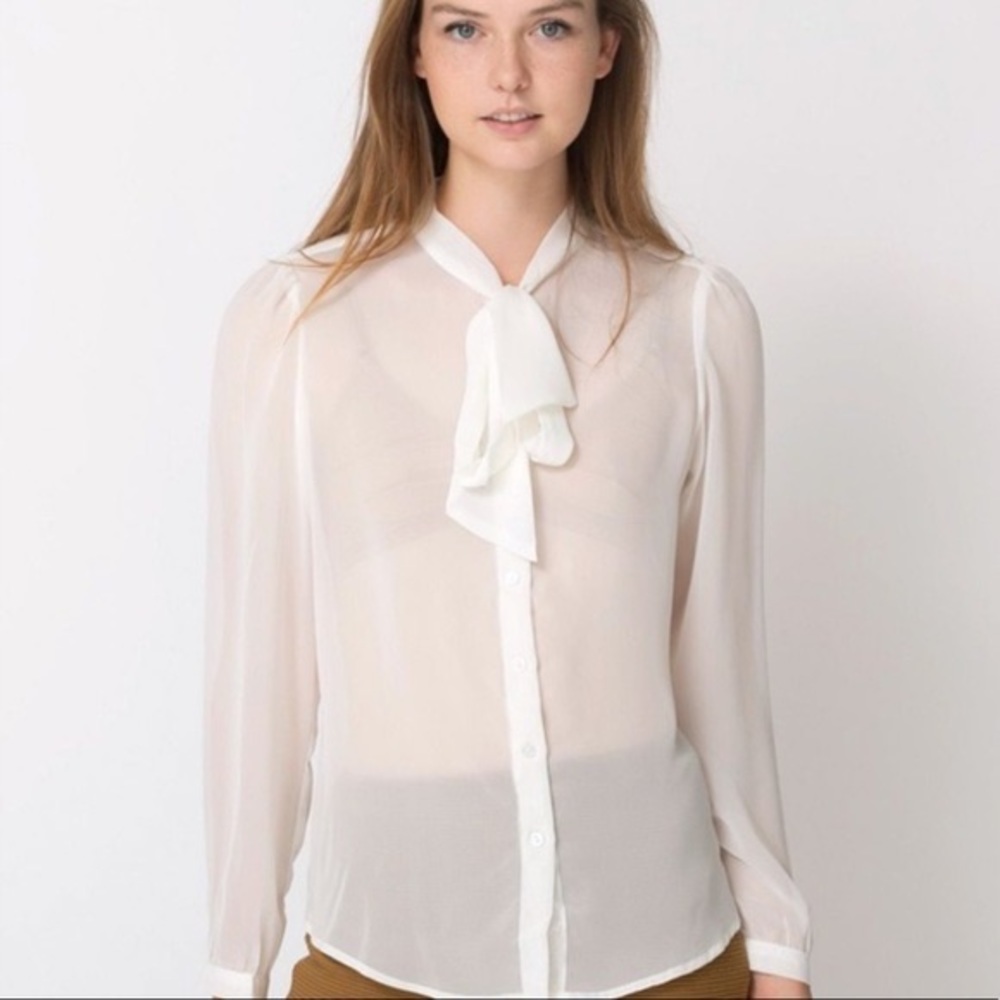 American Apparel White Chiffon Secretary Blouse - Medium